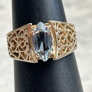 Vintage Gold Plated Pure Silver Filigree Ring with Simulated Aquamarine Stone